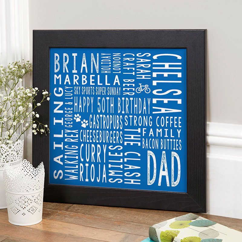 50th Birthday Gift For Him Personalised Square Word Art (blue colour ...