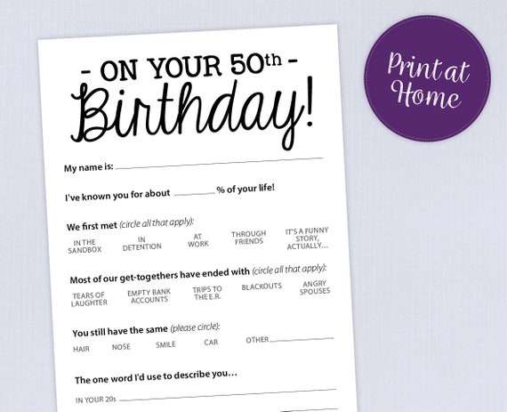 50th Birthday Party Game Card Funny Milestone Printable PDF