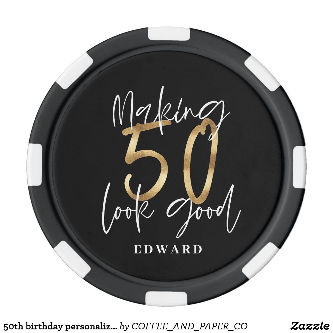 50th birthday personalized favor gift black gold poker chips