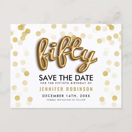 50TH Birthday Save The Date Gold Balloons Glitter Announcement Postcard ...
