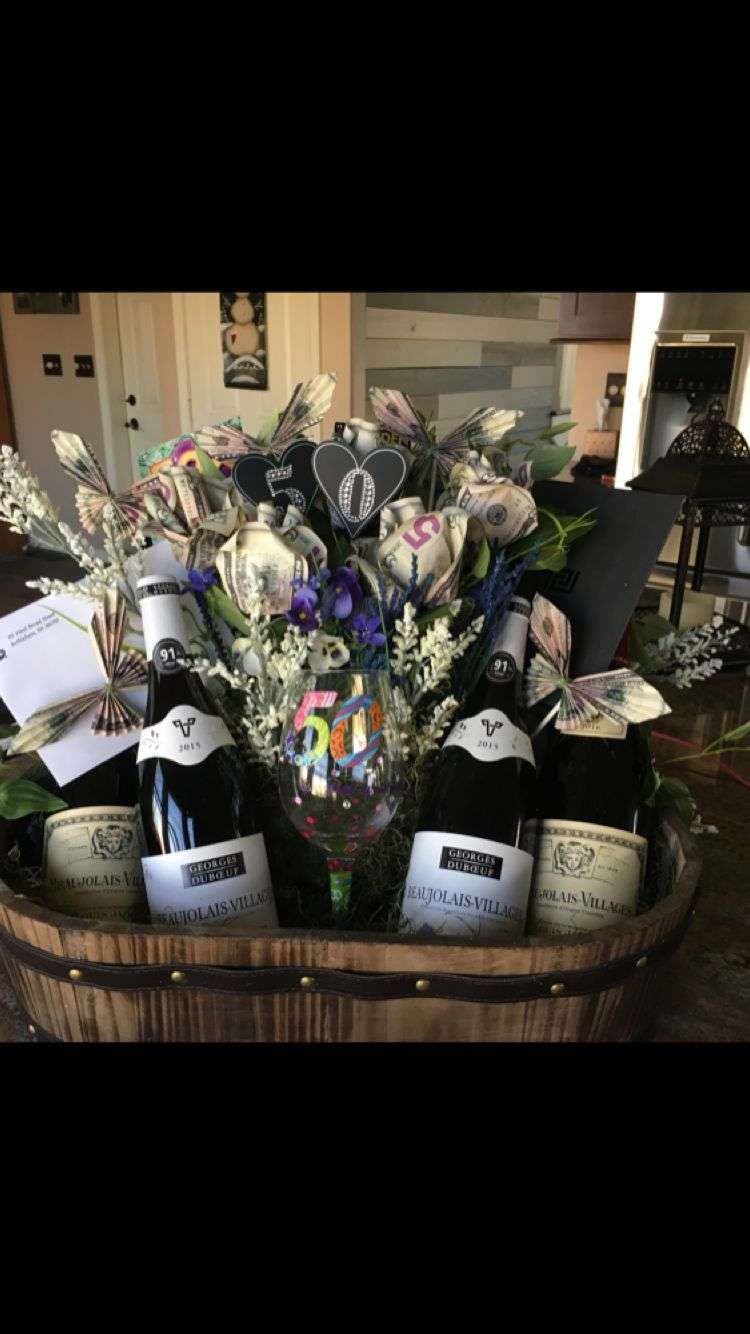 50th Birthday wine and cash flowers gift basket