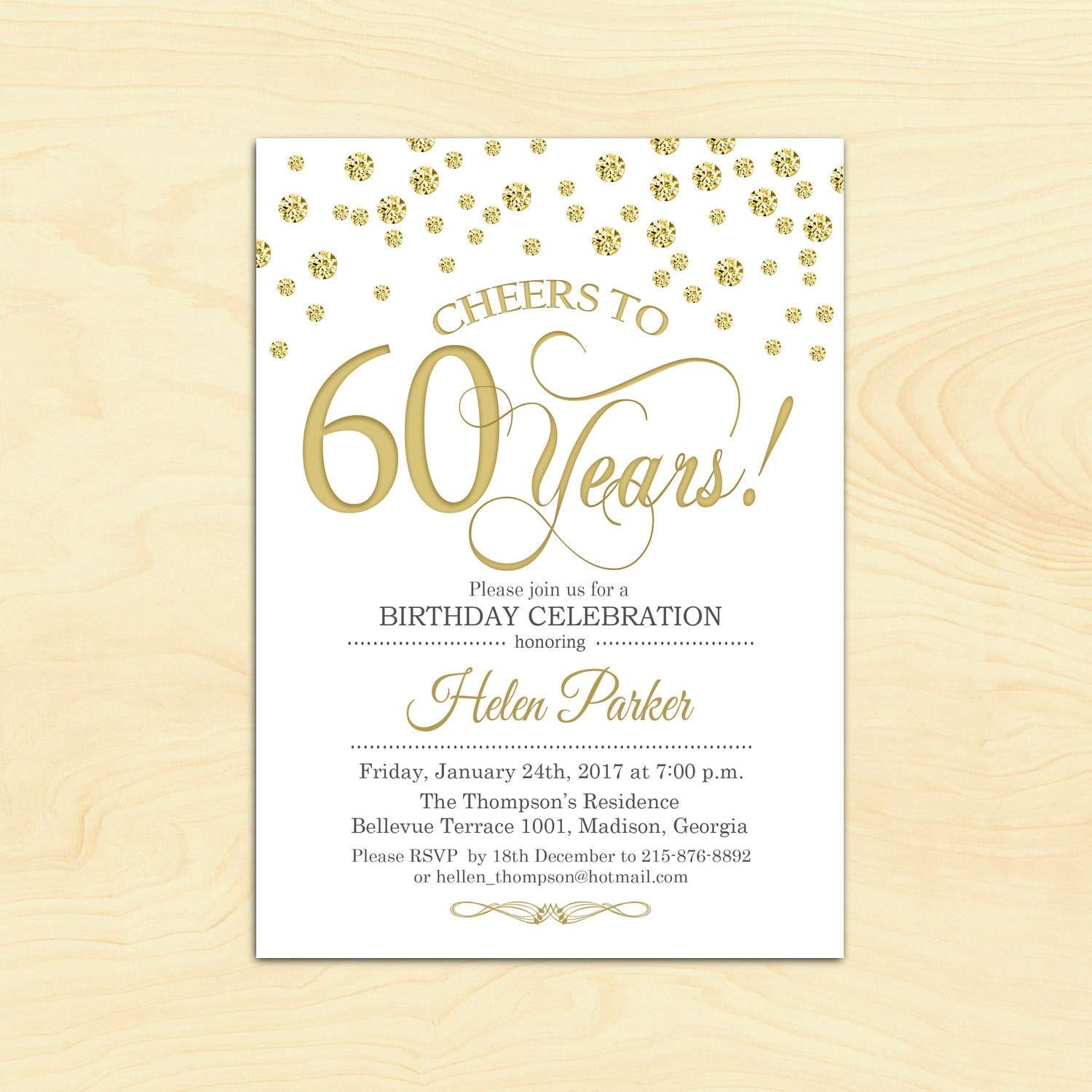 60th Birthday Invitation. Any Age. Cheers to 60 Years. Gold