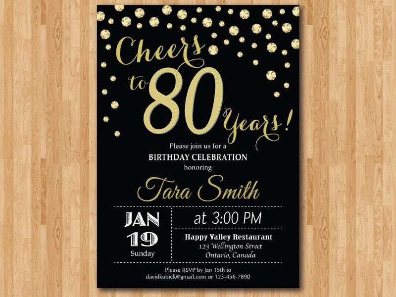 80th birthday invitation. Gold Glitter. Cheers to 80 Years