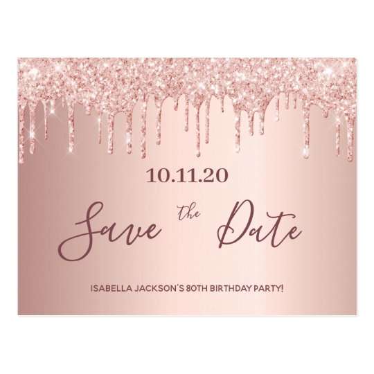 80th birthday rose gold glitter save the date postcard ...