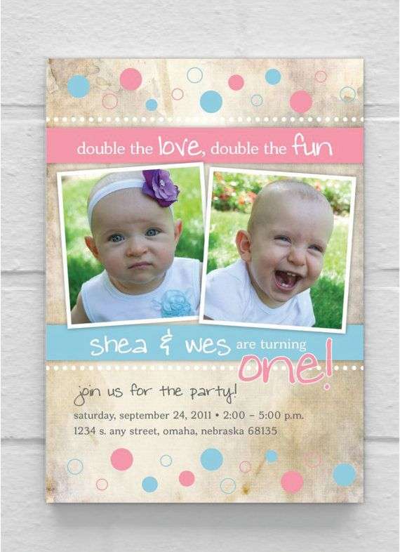 BIRTHDAY INVITATION // Boy Girl Twins Pink Blue Polkadot Photo