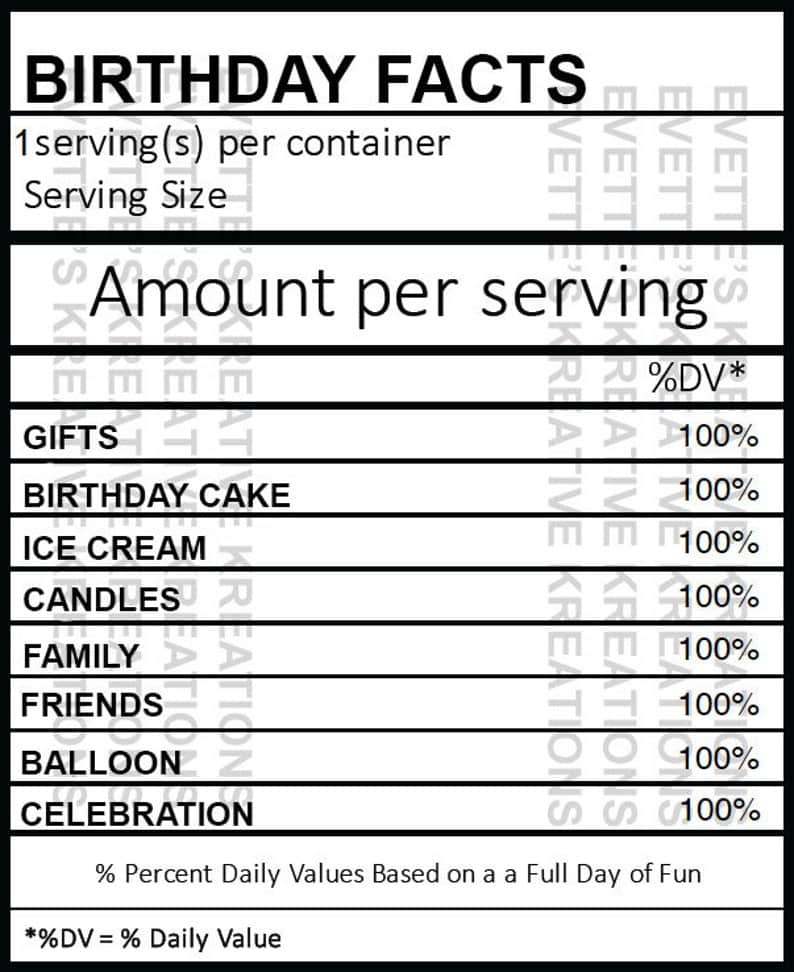 Birthday Nutrient Facts Serving size Balloons Chip Bag