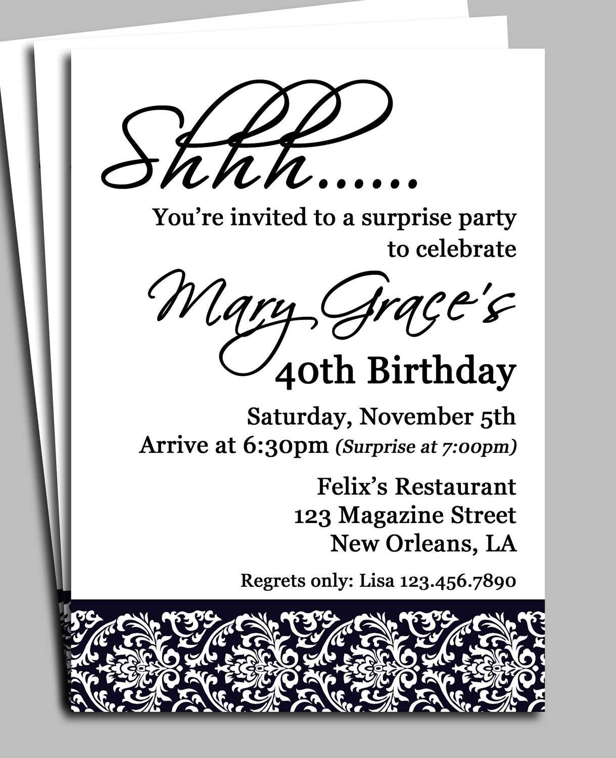 Black Damask Surprise Party Invitation Printable or Printed