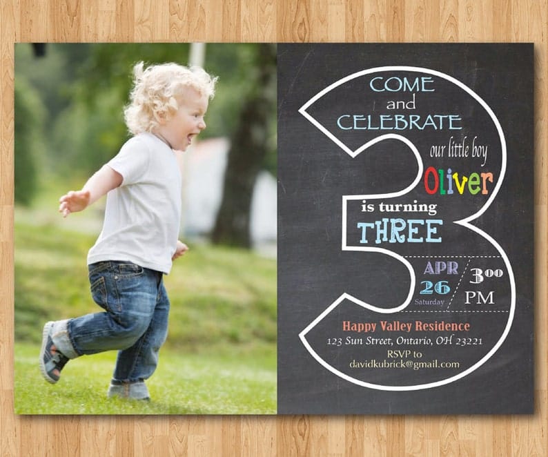 Chalkboard 3rd Birthday Invitation with Picture. Third