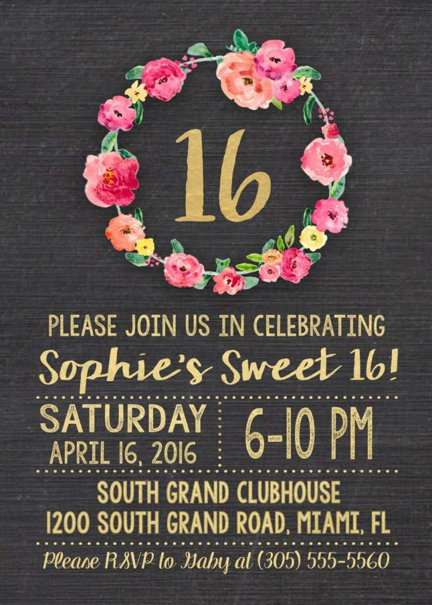 Chalkboard Gold Foil Sweet 16 Birthday Invitation, Girl 16th Birthday ...