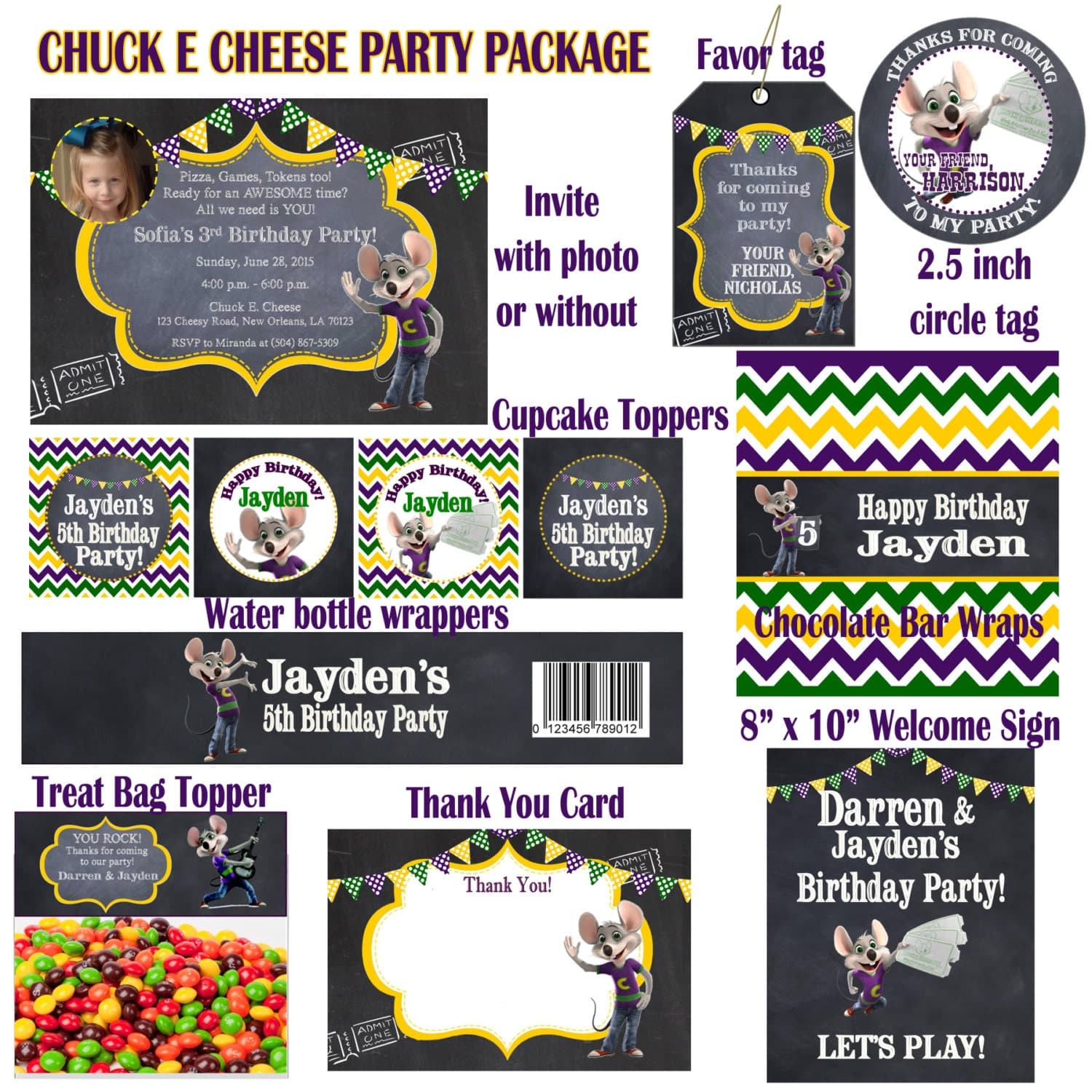 Chuck E Cheese PARTY PACKAGE Personalized Includes