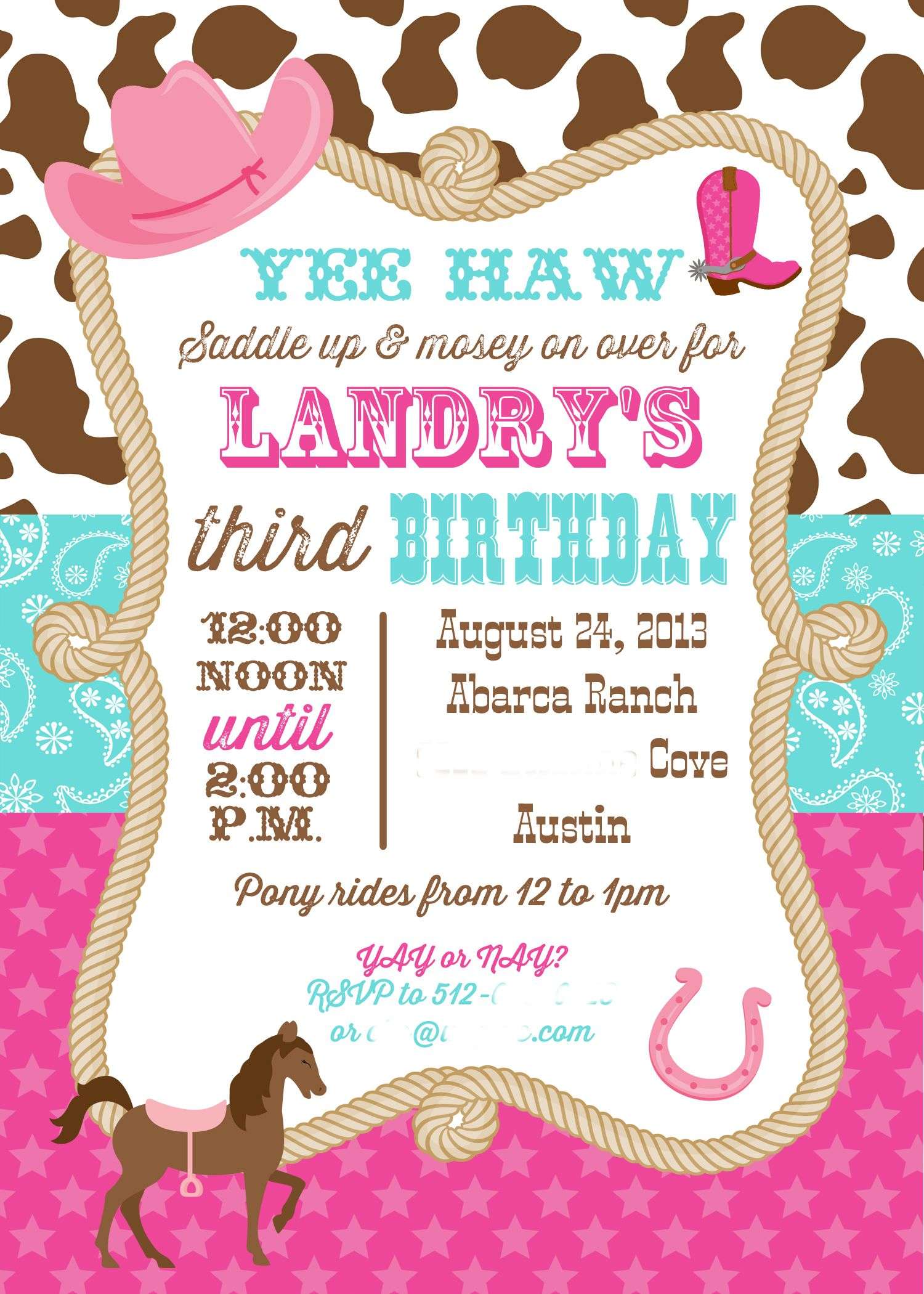 Cowgirl Birthday Invitations for Girls
