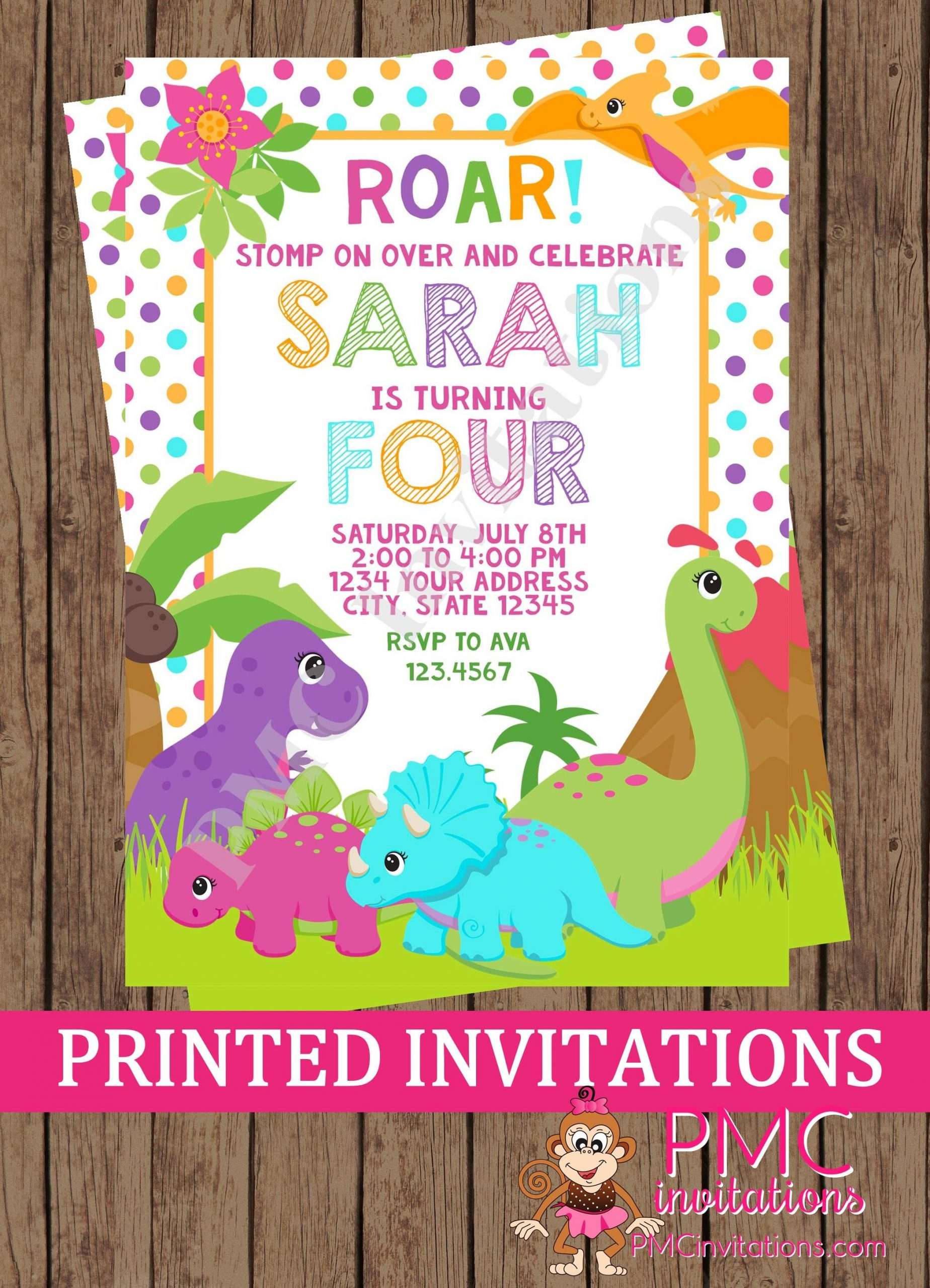Custom PRINTED Girl Dinosaur Birthday Invitations 1.00 ...