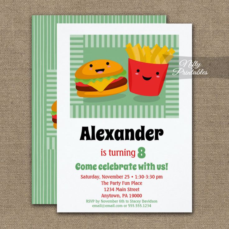 Cute Fast Food Hamburger Fries Birthday Invitations PRINTED