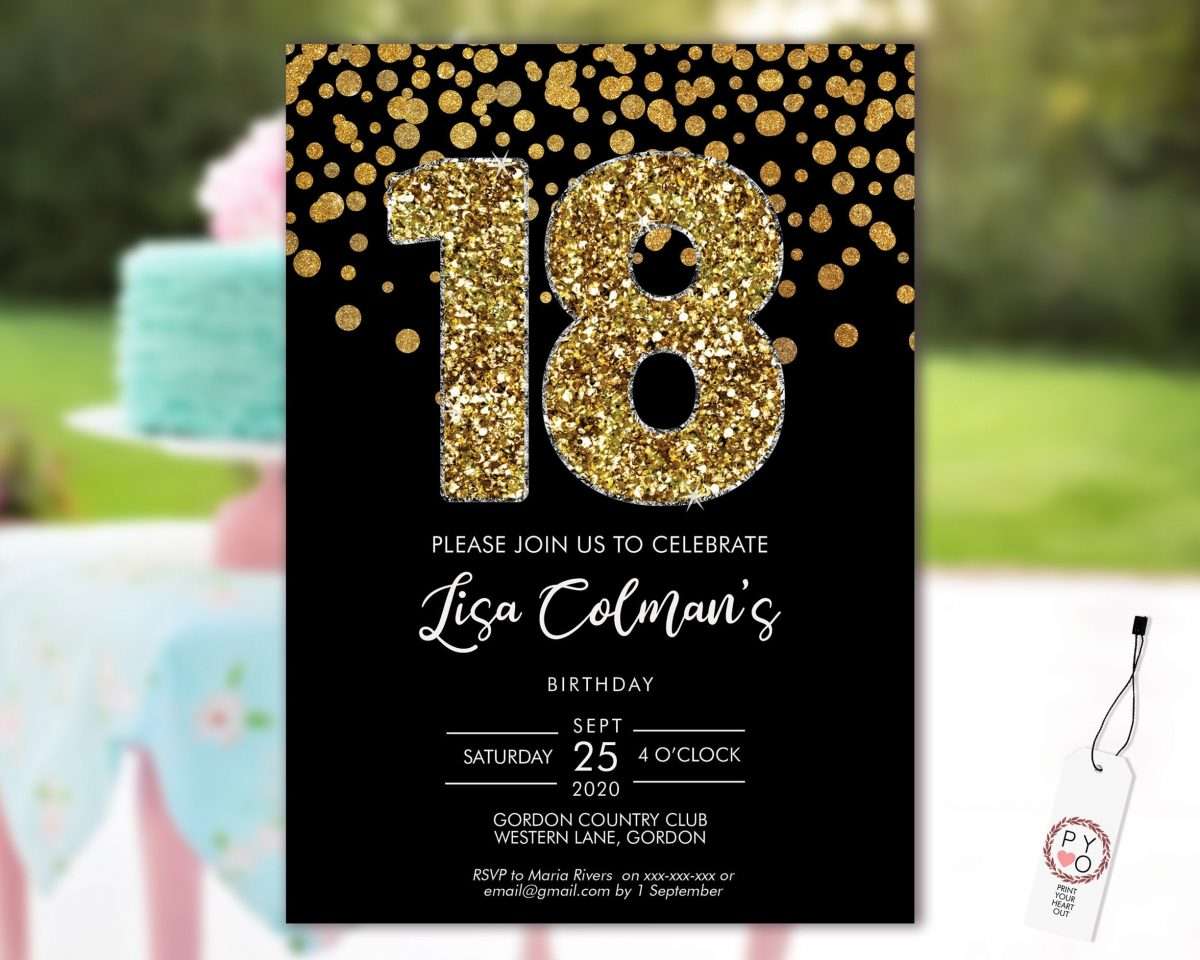 DIY 18th Birthday Confetti Invitation Printable Template, Black Gold ...