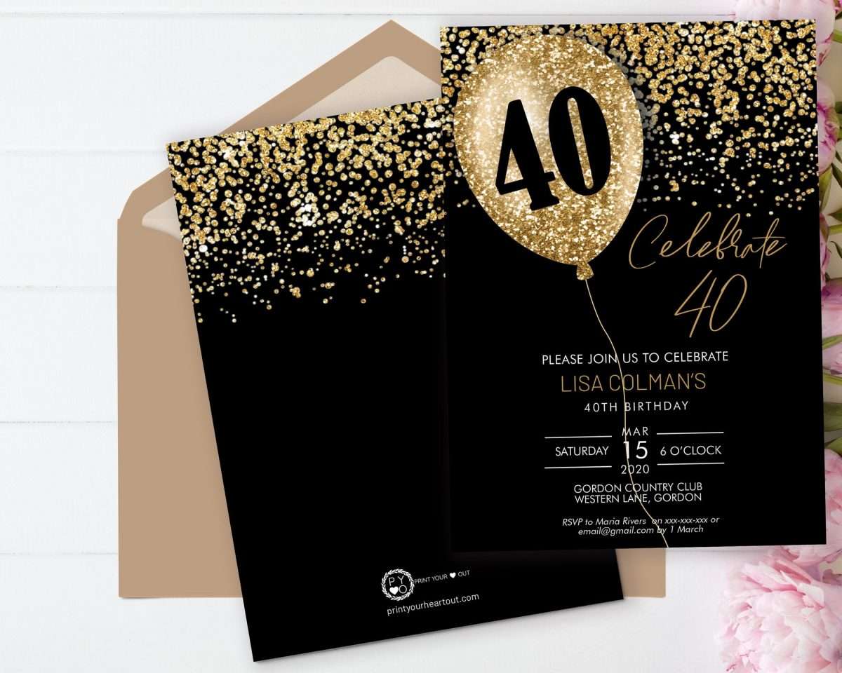DIY 40th Birthday Balloon Invitation Printable Template, Black Gold ...