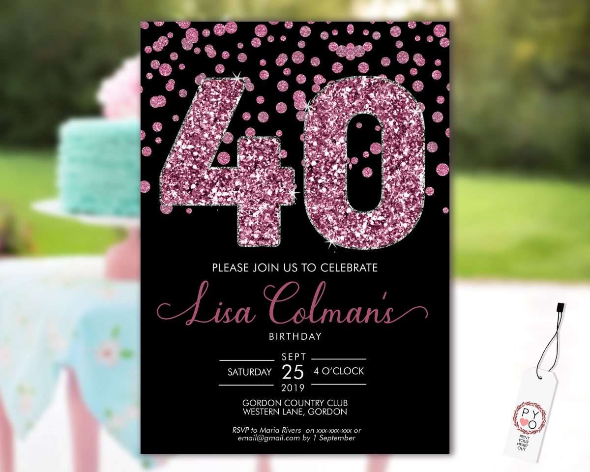 DIY 40th Birthday Confetti Invitation Printable Template, Black Pink ...