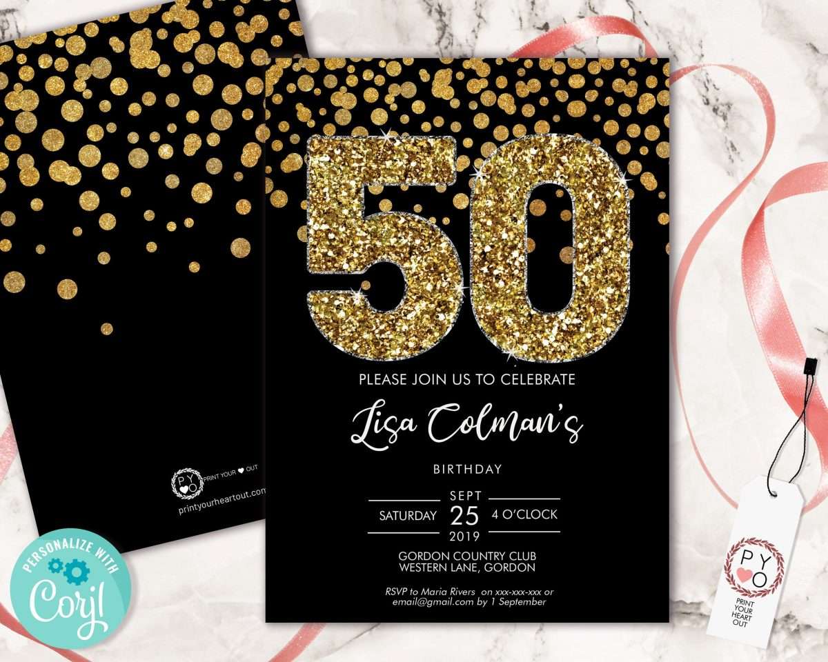 DIY 50th Birthday Confetti Invitation Printable Template, Black Gold ...