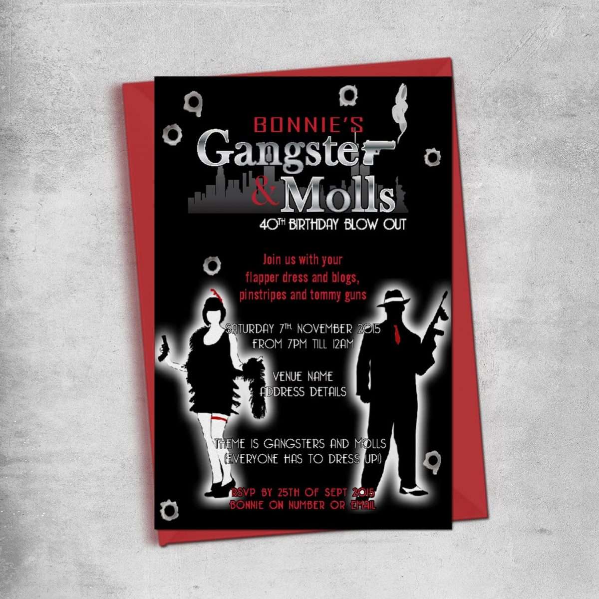 Gangster and Moll Party Birthday Invitations Mob Mafia