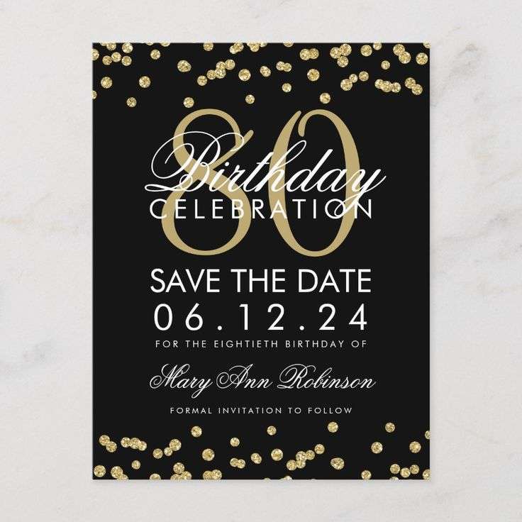 Gold Black 80th Birthday Save Date Confetti Save The Date ...
