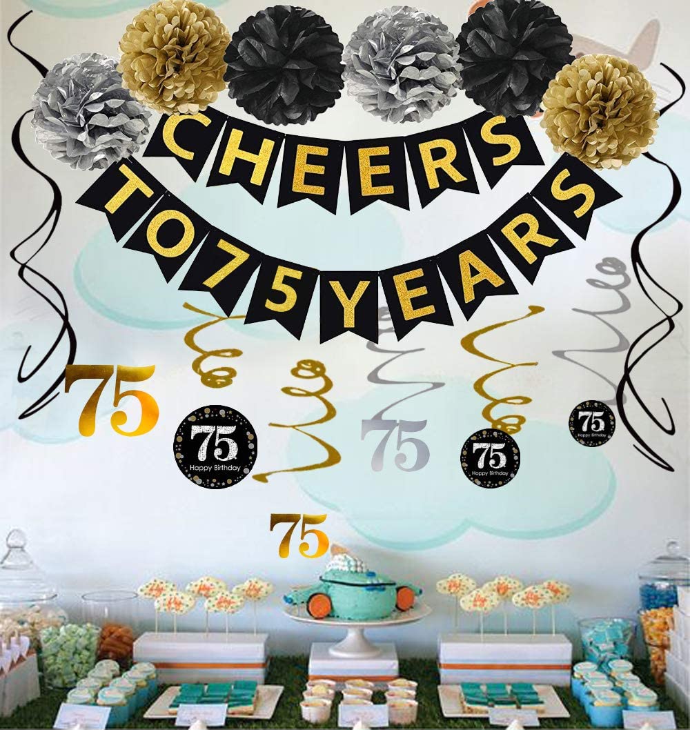 Gold Glittery Cheers to 75 Years Banner,Poms,12Pcs Sparkling 75 Hanging ...