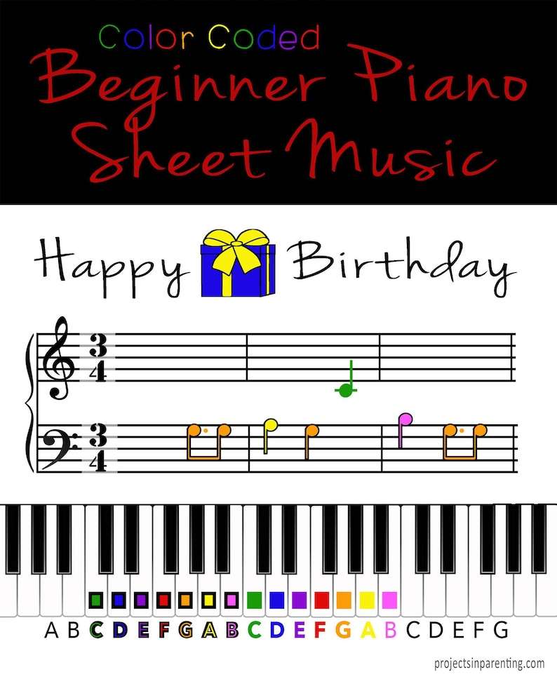 Happy Birthday Color Coded Beginner Piano Music Sheet