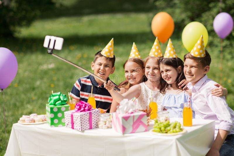 Happy Kids Taking Selfie On Birthday Party Stock Photo ...