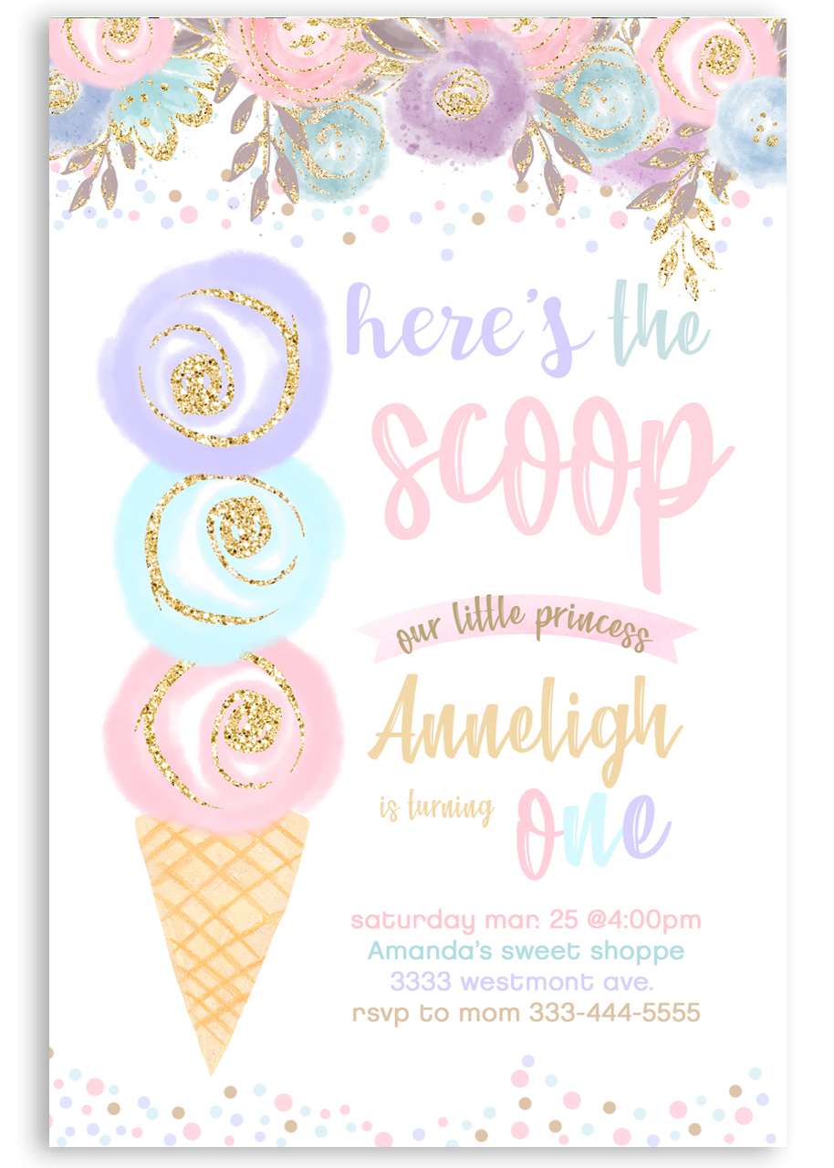 Ice cream birthday invitation, watercolor ice cream scoops #3