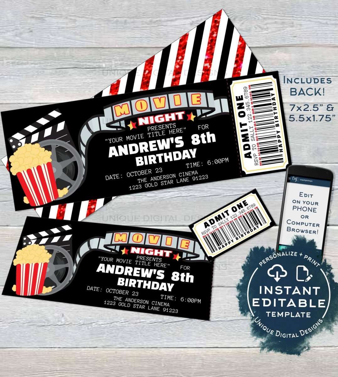Movie Night Invitation, Movie Birthday Party Invite, Cinema Editable M