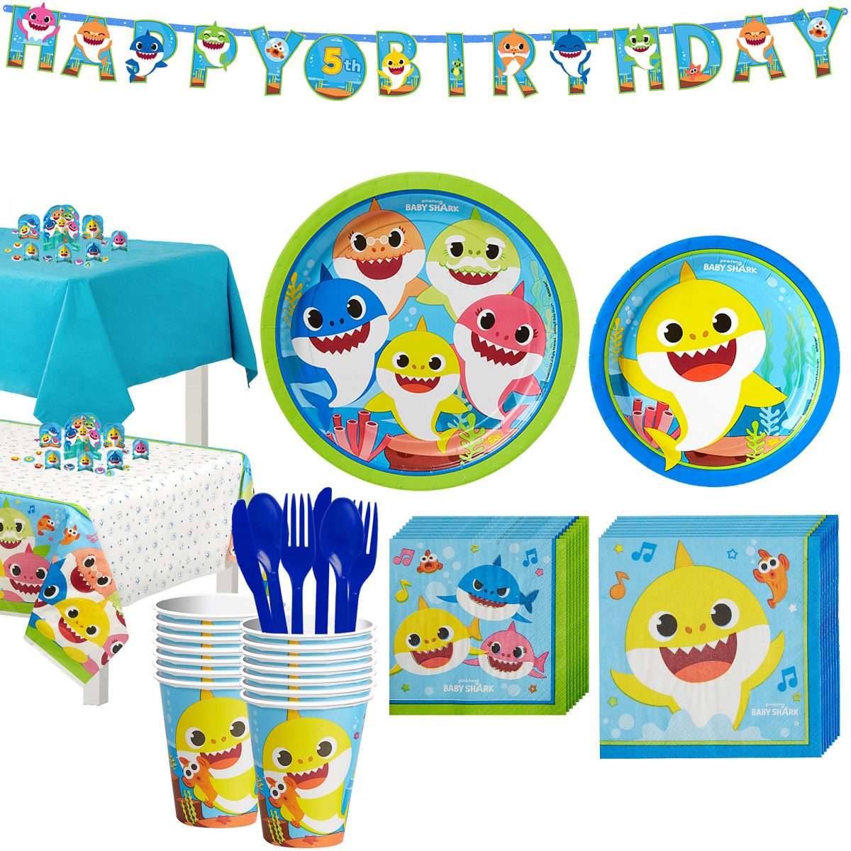 Party City Baby Shark Birthday Party Tableware Supplies for 16 Guests ...