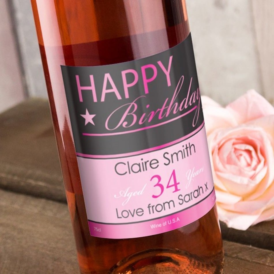 Personalised Rose Wine Bottle with Happy Birthday Label