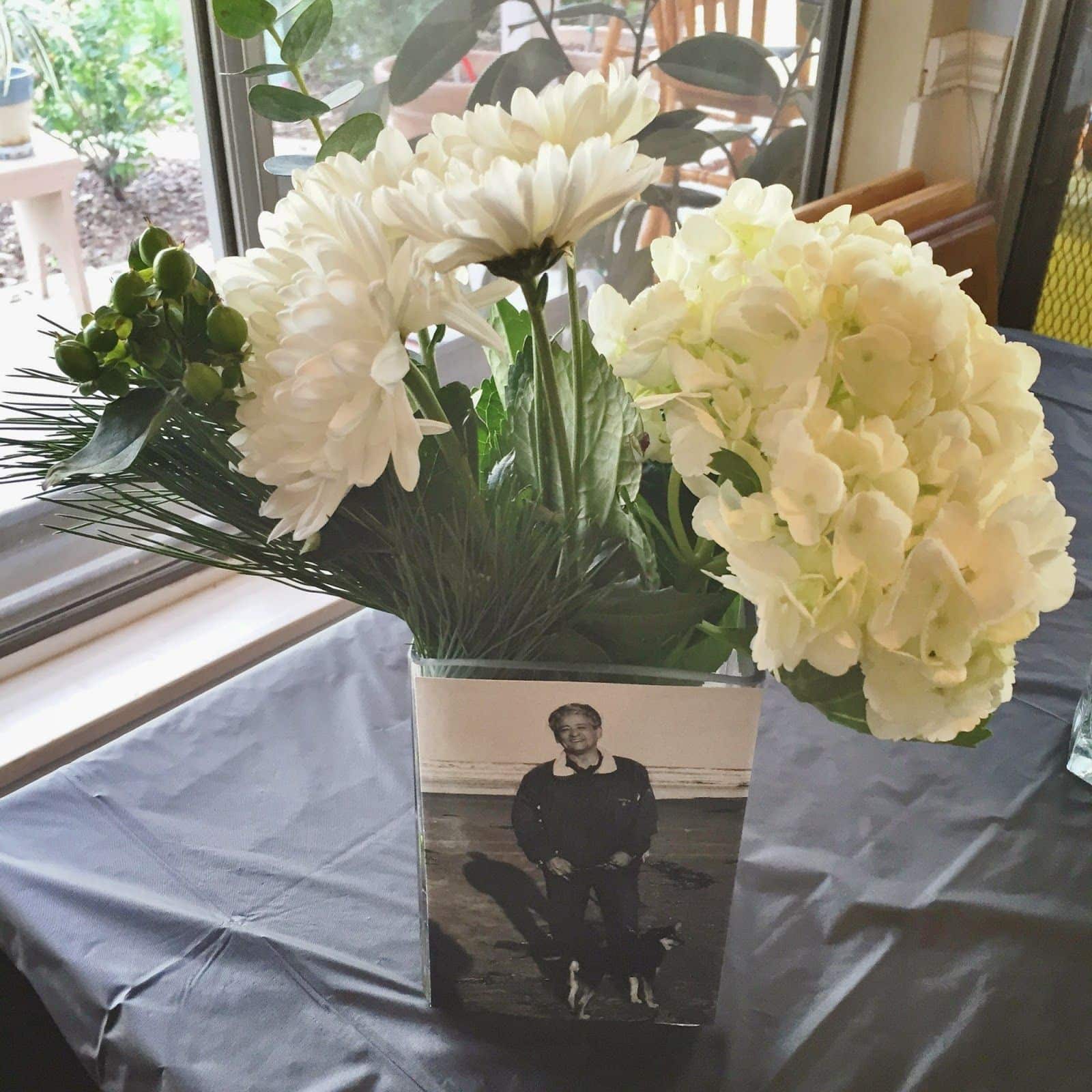 Photo floral arrangement centerpiece from dad