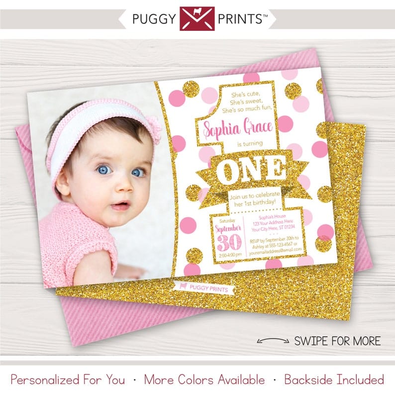 Pink and Gold First Birthday Invitation with Photo Polka