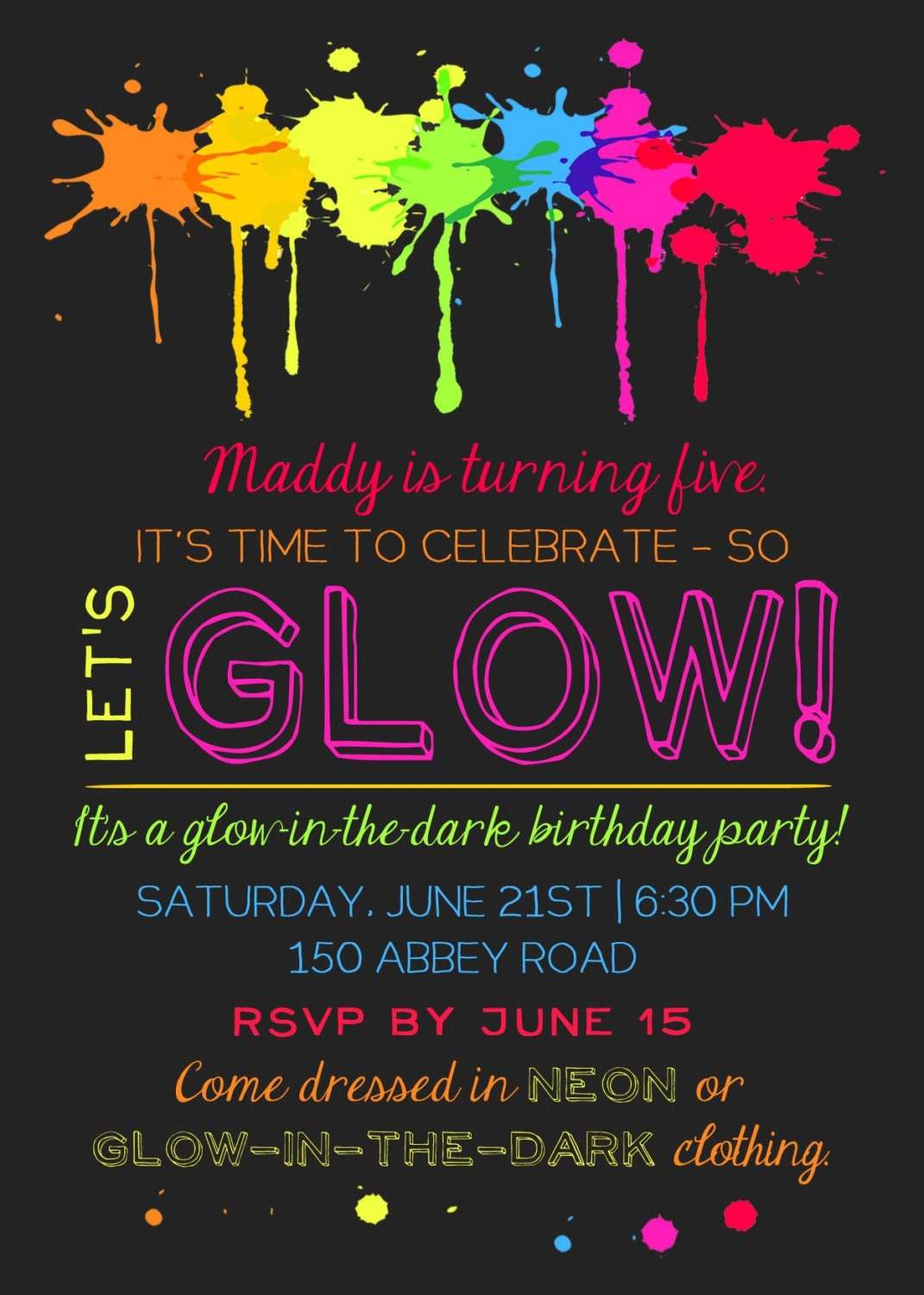 Printable Glow In The Dark Theme Party Invitation