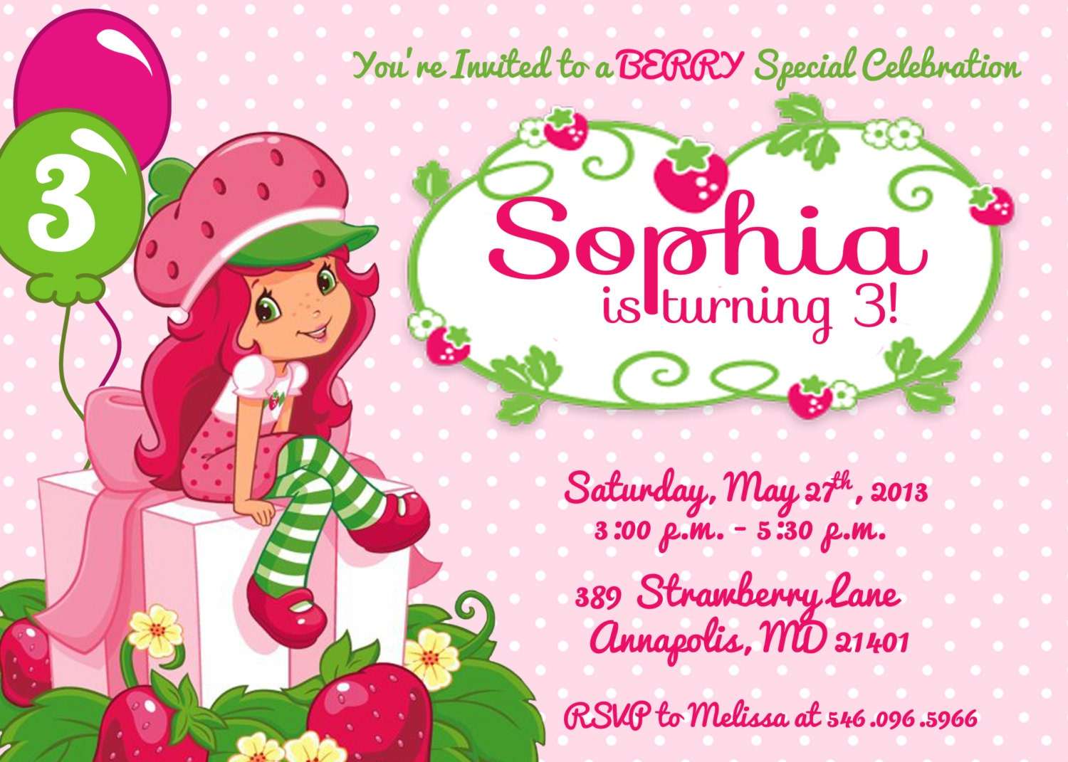 Strawberry Shortcake Birthday Party Invitation Printable or