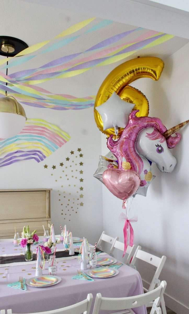 Streamer decorations for 6 year old unicorn party.