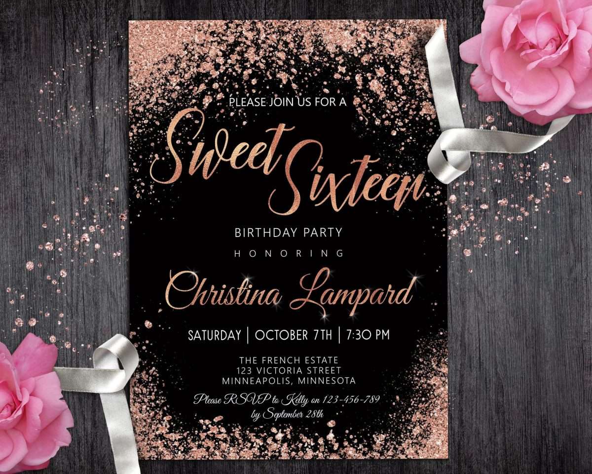 Sweet 16 Invitation Rose Gold Black Birthday invitation for