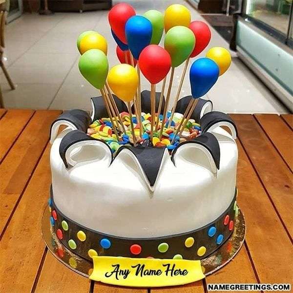 Write any name on balloons happy birthday cake photo. Send ...
