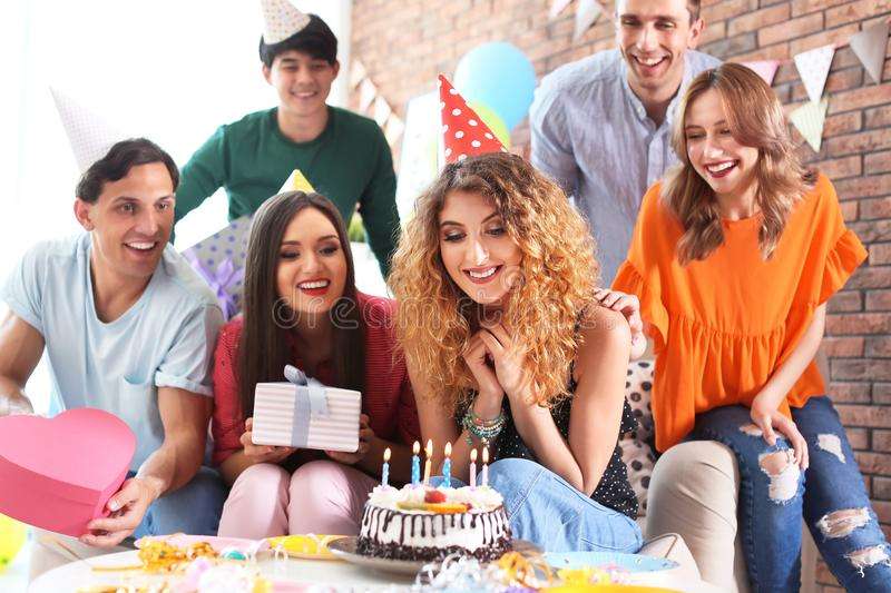 Young People Celebrating Birthday With Tasty Cake Stock ...